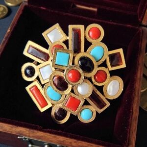 $4.99 Shipping CAPRI Modernist Vintage Gold-Tone Multicolor Brooch